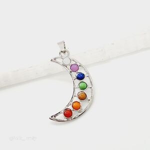 7 Color Stone Beads Chakra Healing Yoga Crescent Moon Pendant 1.75"